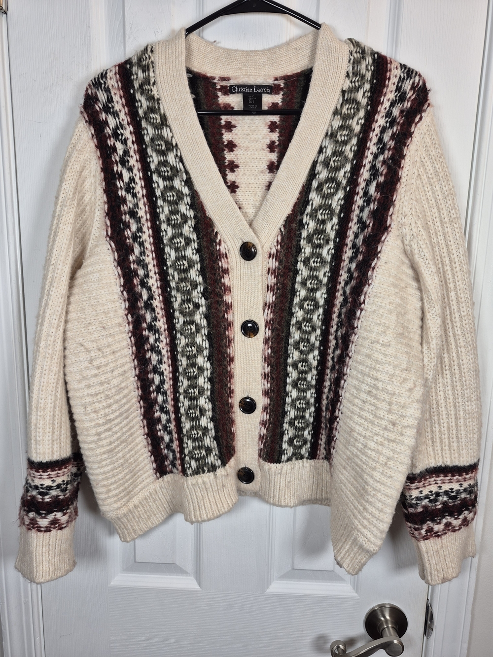 Christian Lacroix Fair Isle Chunky Knit Cardigan Sweater Cream Burgundy Large